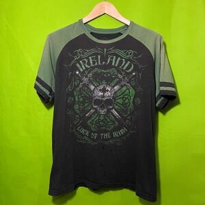 Large Lucky Brand Thrashed Ireland Skull Sword Luck of the Irish Graphic T Shirt